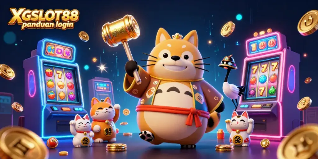 Ilustrasi 3D XGSLOT88 panduan login dengan tokoh bahagia, mesin slot, dan efek bercahaya yang menarik.