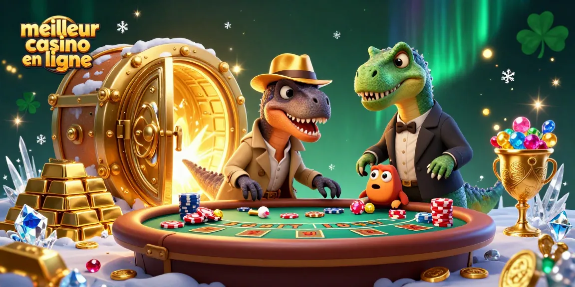 Plongez dans l'univers du meilleur casino en ligne avec un velociraptor au blackjack, entouré d'or et de bijoux.