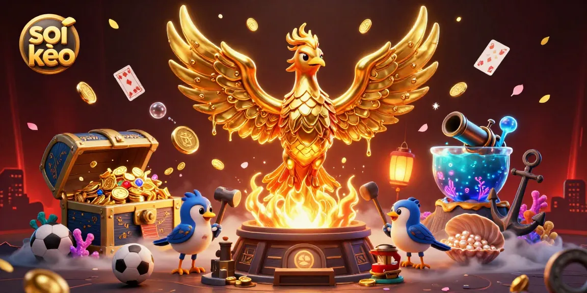 Immerse in the world of soi kèo with a golden phoenix illustrating sports betting excitement amidst dynamic elements.