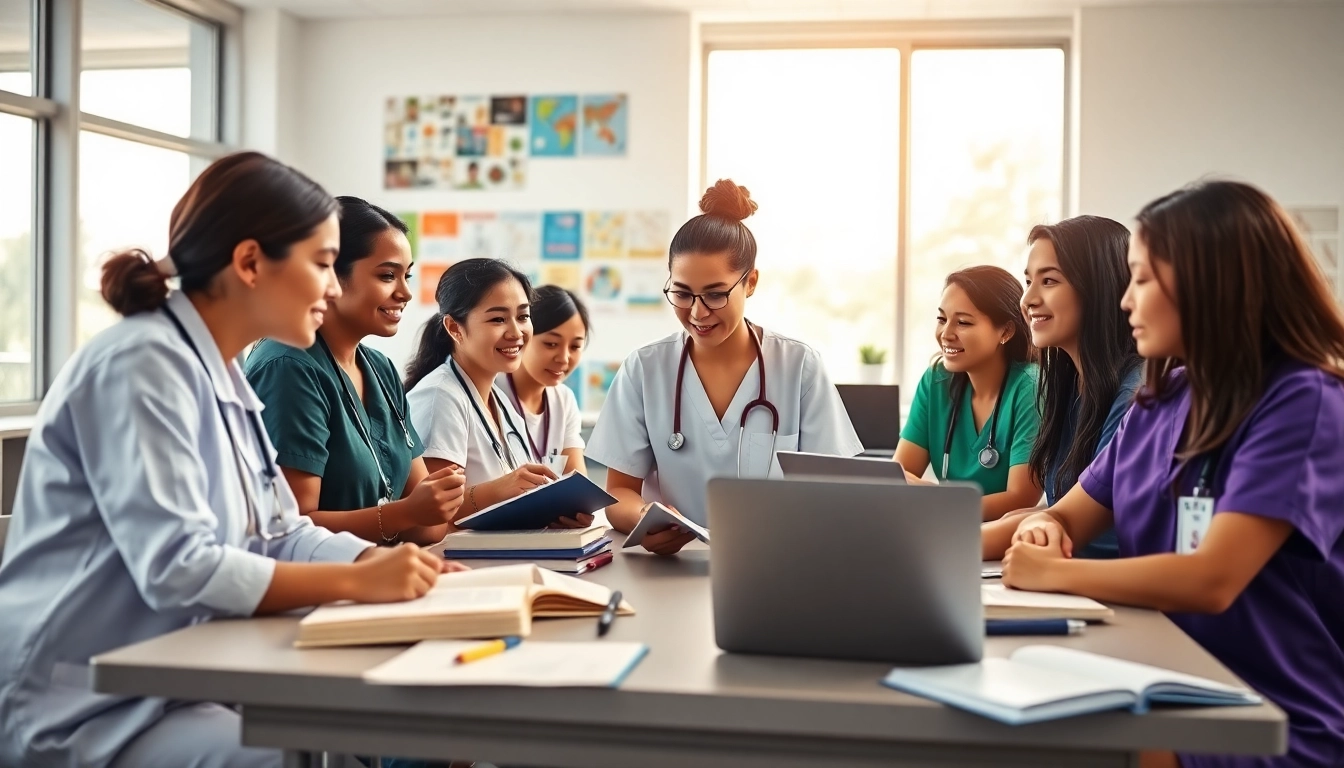Engaged nursing students at the Houston Trusted Nclex review center, collaborating in a modern classroom.