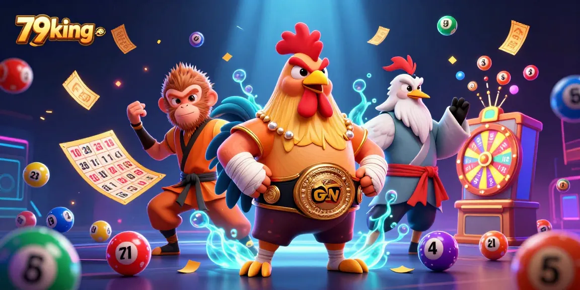 Engage with 79kingcom's vibrant illustration showcasing dynamic lottery elements and martial arts characters.
