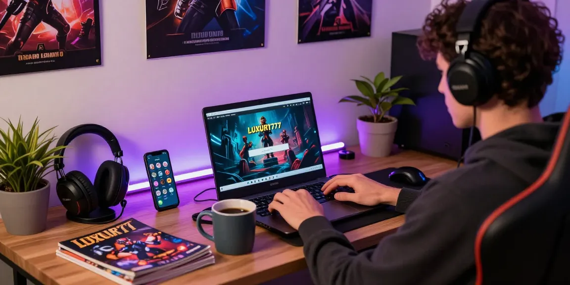 Cara Login LUXURY777 di ruang gaming modern, menampilkan individu fokus pada layar laptop.