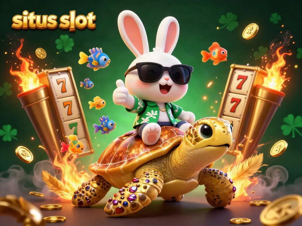 Experience winning with situs slot featuring a lucky rabbit and golden turtle amidst slot machines and coins.