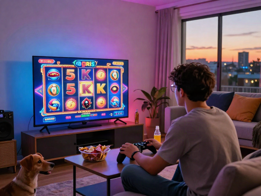 Individual enjoying a thrilling slot 5k qris game in a vibrant living room with modern décor.