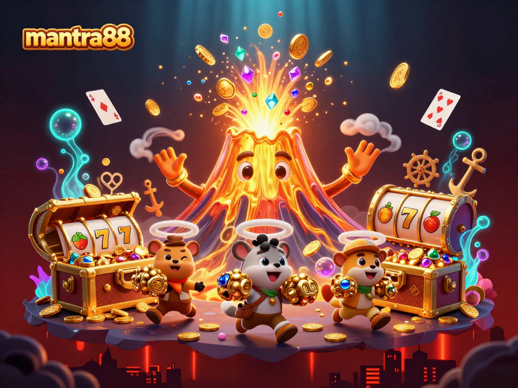 Win big at mantra88 with this vibrant scene of a triumphant golden volcano erupting treasure and slot reels spinning.