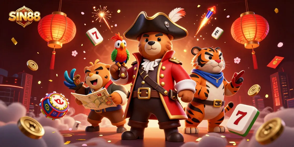 SIN88 pirate-themed online casino illustration with a bear, tiger, and dragon, vibrant slot reels accent