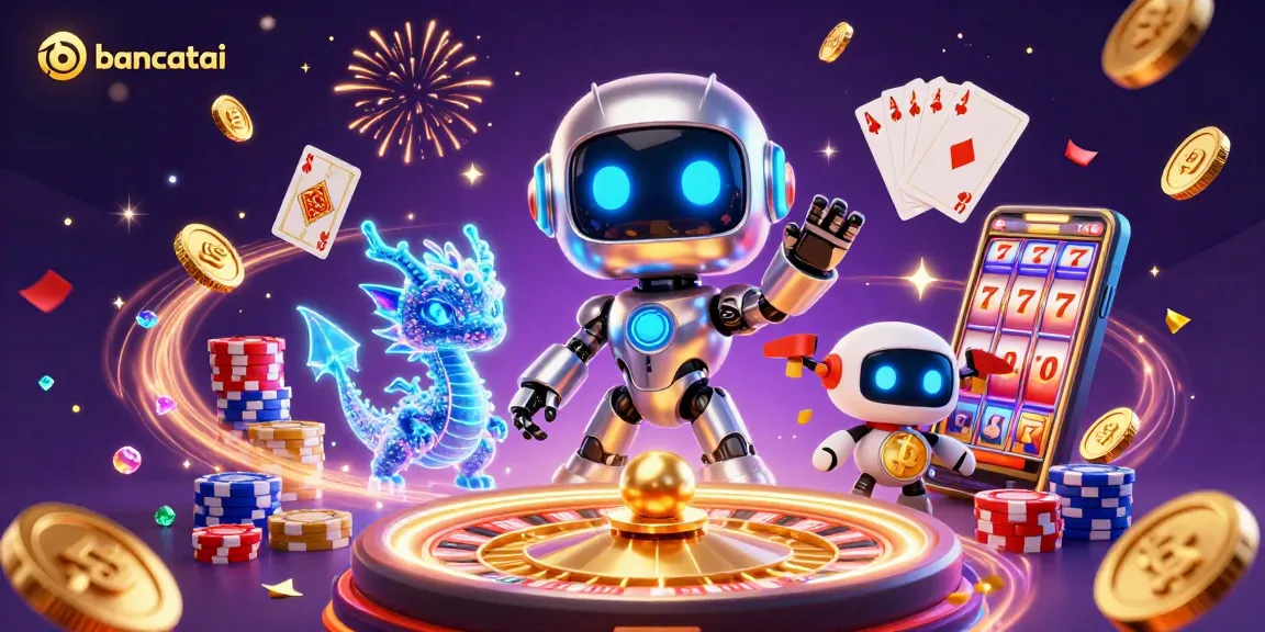 Engage in exhilarating wins with bancatai's captivating 3D casino scene featuring a robot, dragon, and drone.