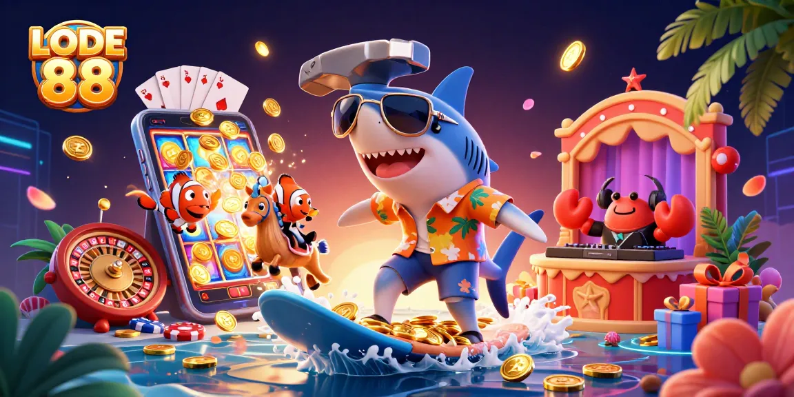 Engage with LODE 88's vibrant gaming scene illustrated by an exciting underwater adventure featuring casino elements.