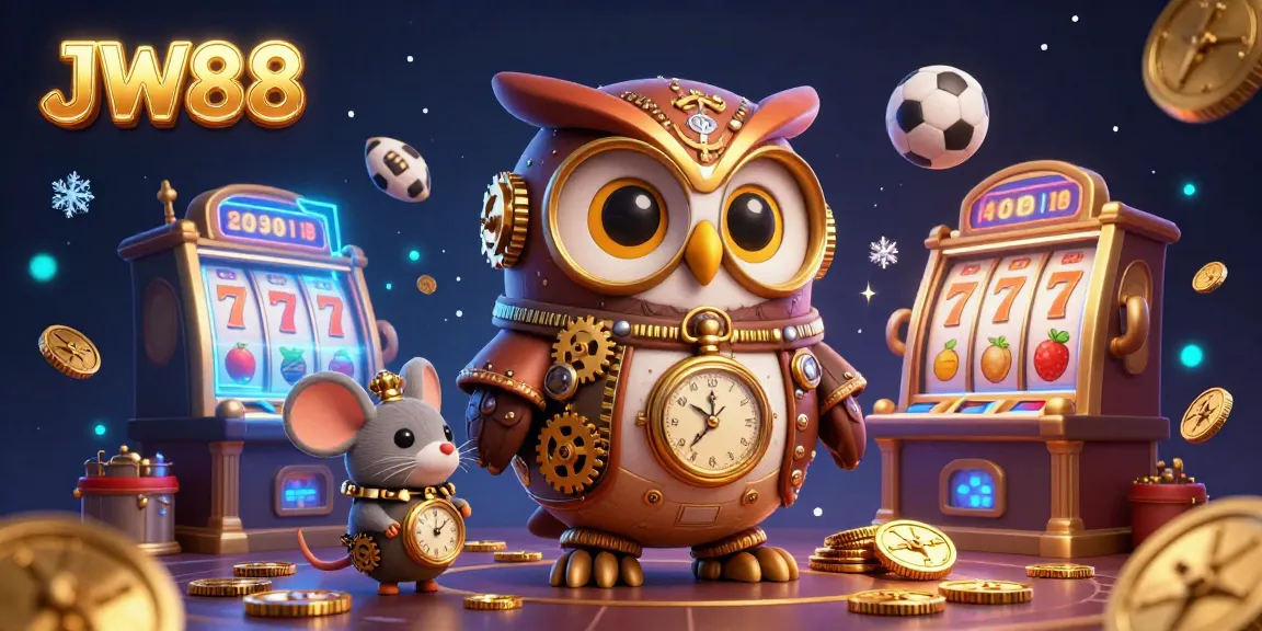 Experience JW88's thrilling casino adventure with a time-traveling owl, spinning slot machines, and vibrant gaming elements.