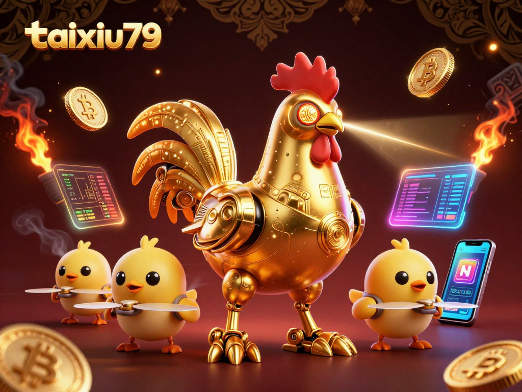 Bet on taixiu79 with a vibrant scene featuring the golden rooster robot and crypto coins!