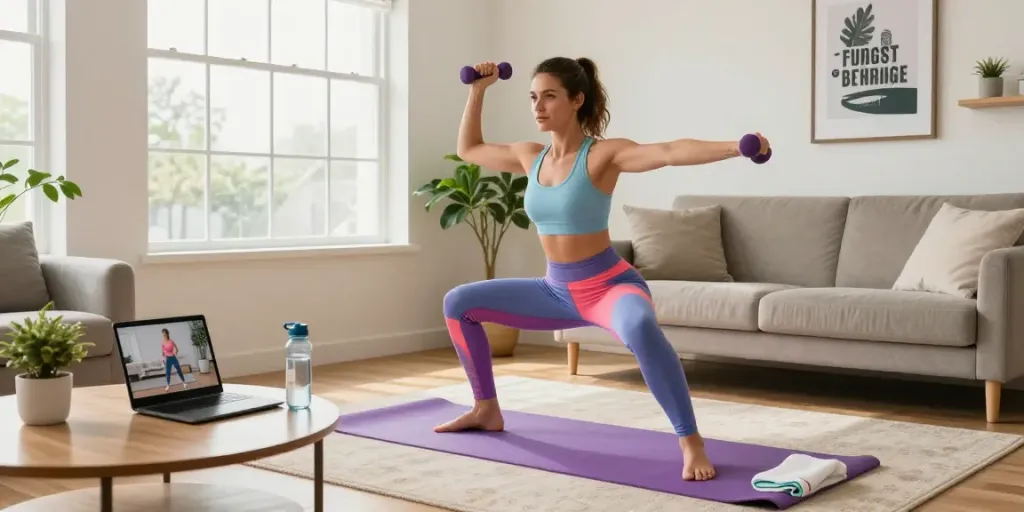 Woman exercising at home with dumbbells, exploring effective lose weight products.