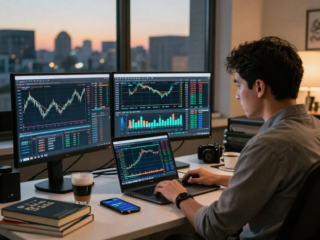 交易者使用MetaTrader 5分析金融市场的桌面场景，展示多屏幕的专业交易环境。