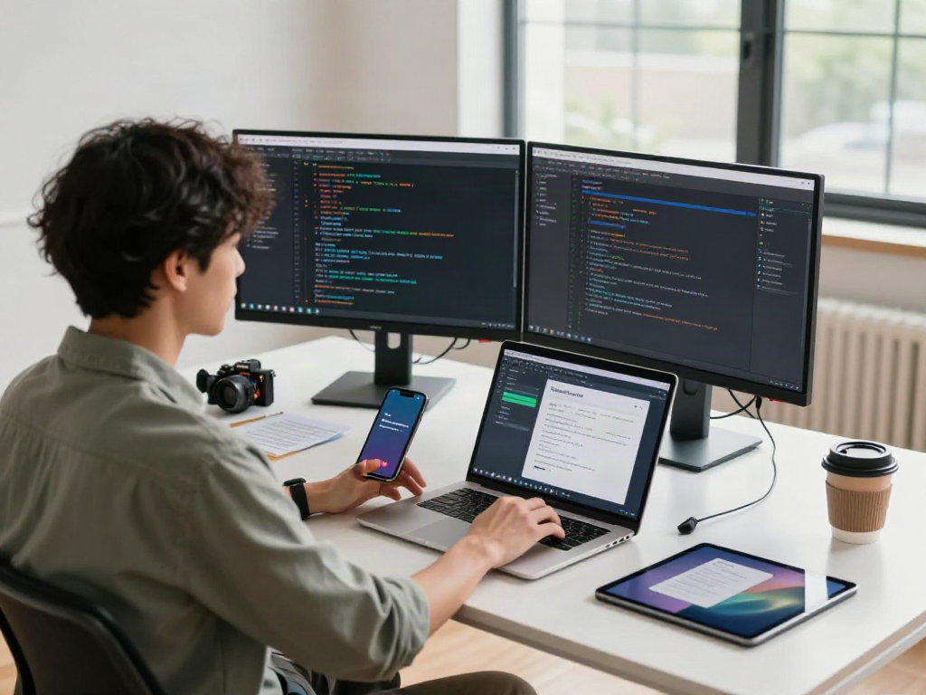 Pikashow APK download in a tech workspace with dual monitors and coding activities.