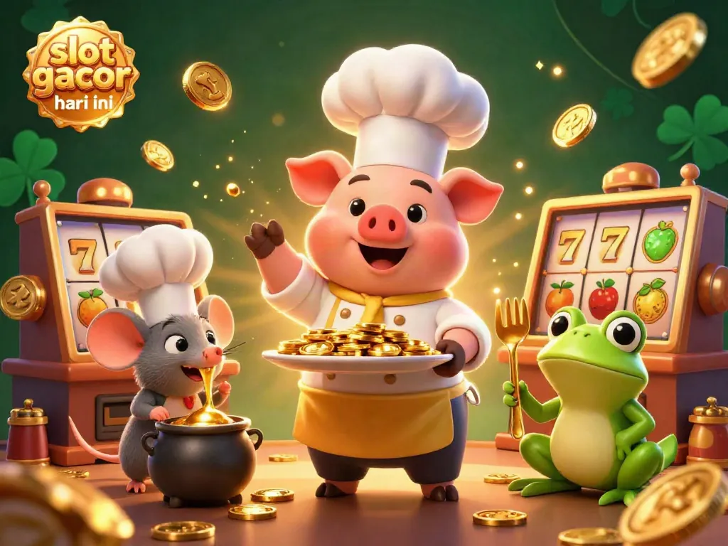 Mengungkap slot gacor hari ini dengan karya seniman 3D yang menampilkan karakter koki babi, tikus, dan katak di dunia slot yang penuh emas.