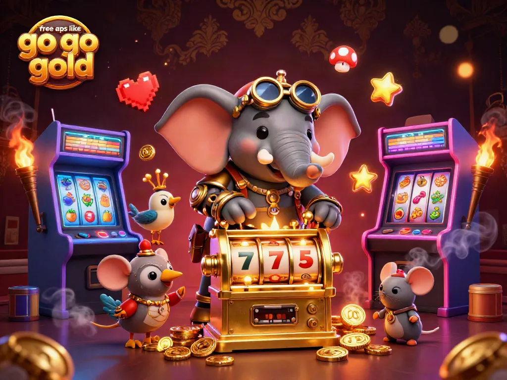 Engage with vibrant, fun visuals of free apps like Go Go Gold featuring a steampunk elephant engineer at a golden slot machine.