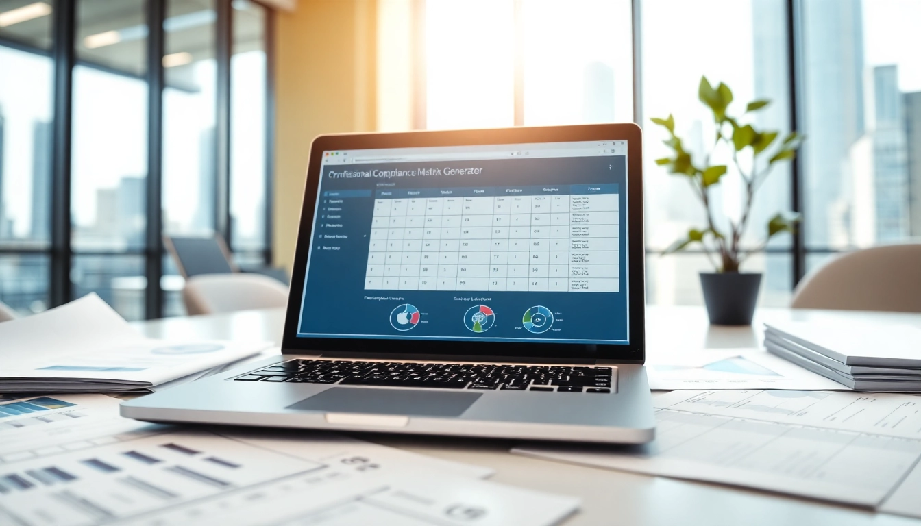 Generate compliance matrix generator features displayed on a modern laptop in an office setting.