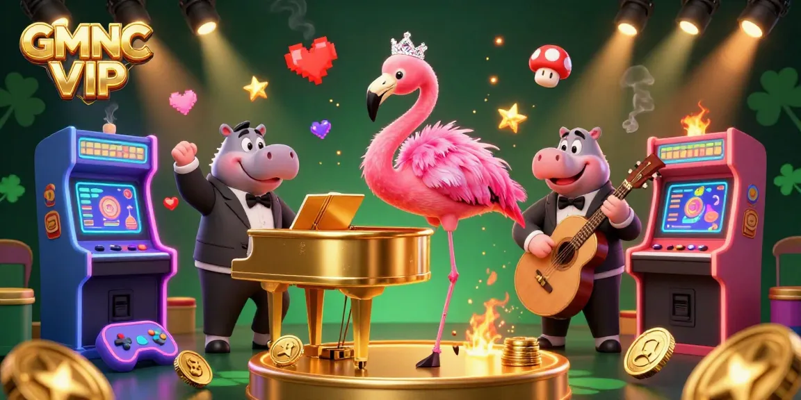 Experience GMNC VIP with a vibrant casino scene featuring a flamingo singer and hippo bassist.