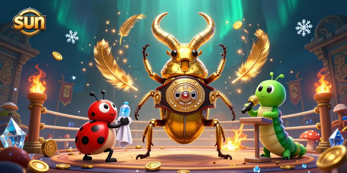 Bettors engage with the sun-themed casino scene, featuring a golden stag beetle and ladybug in action.