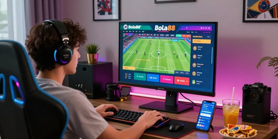 Engaged player using Bola88 online sports betting platform with vibrant interface and gaming setup.