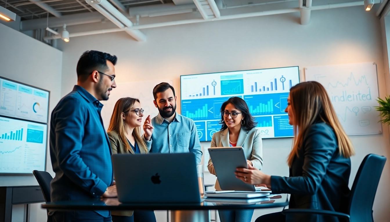 Engaged professionals representing social media marketing companies edmonton collaborate in a modern office.