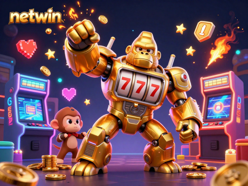 Engage with netwinn's thrilling gaming experience, featuring a golden mech and vibrant arcade elements.