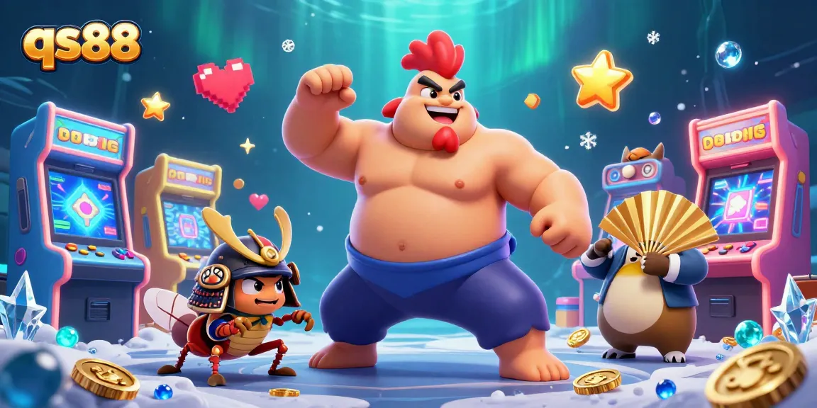 Experience luck at qs88 with exciting game action featuring a powerful sumo rooster, fierce cricket, and dynamic casino elements.