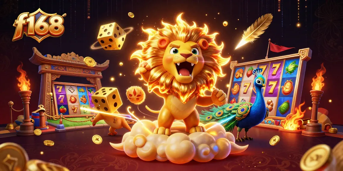 Play exciting slot games at f168 with vibrant reels and a majestic 3D lion illustration!