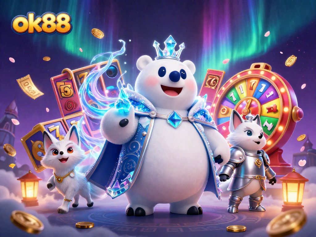Engage with ok88's thrilling slots and jackpots, featuring a magical scene with the ice king protector.