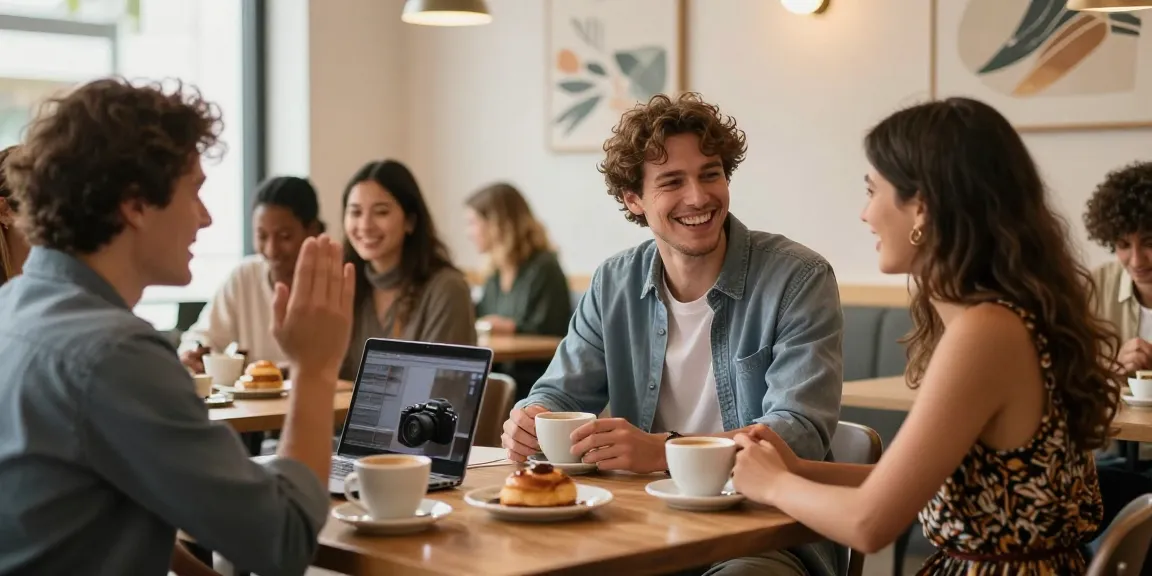 Couples in a café engaging in joyful dating conversations amidst warm lighting.