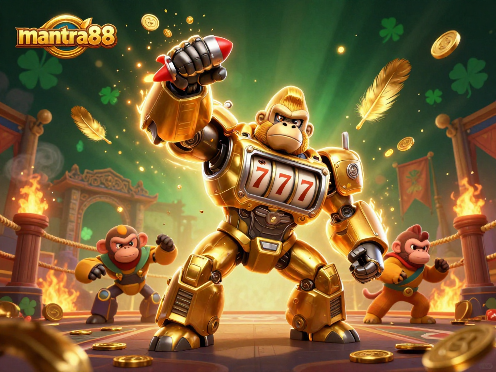 Experience excitement at mantra88 with the golden gorilla mech winning big in a vibrant casino setting.