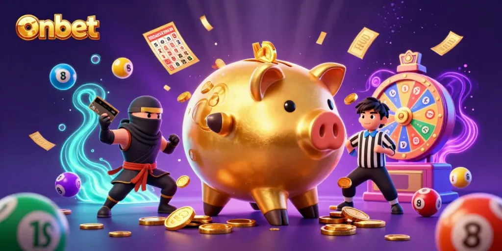 Experience onbet's vibrant gaming scene with a dynamic golden piggy bank and lively lottery elements.
