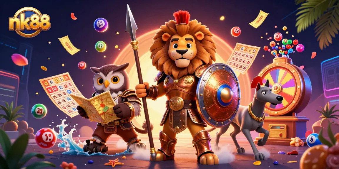 Experience the thrill of nk88 with a vibrant scene featuring lottery elements and casino characters.