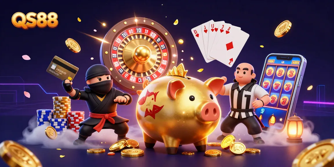 Experience exciting gaming action with QS88's vibrant 3D casino illustration featuring unique characters.