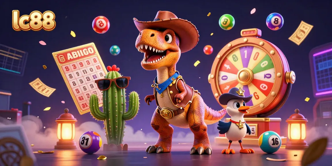 Join the excitement at lc88 with a 3D cowboy dinosaur and friends amid vibrant casino elements.
