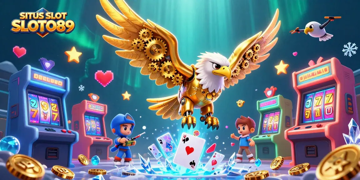 Experience the thrill of SITUS SLOT SLOTO89 with a dynamic 3D illustration showcasing vibrant casino elements and characters.