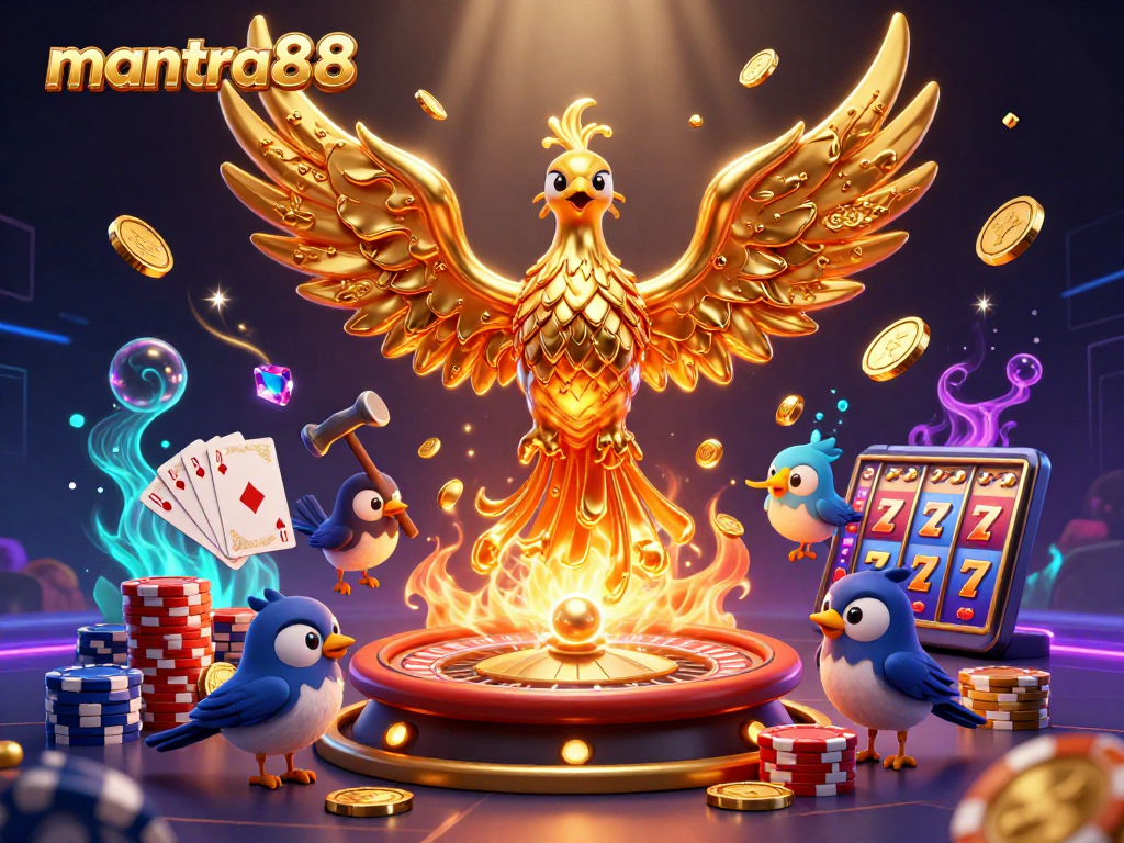 Experience the thrill of mantra88 with a molten golden phoenix and casino elements in an exciting 3D scene.
