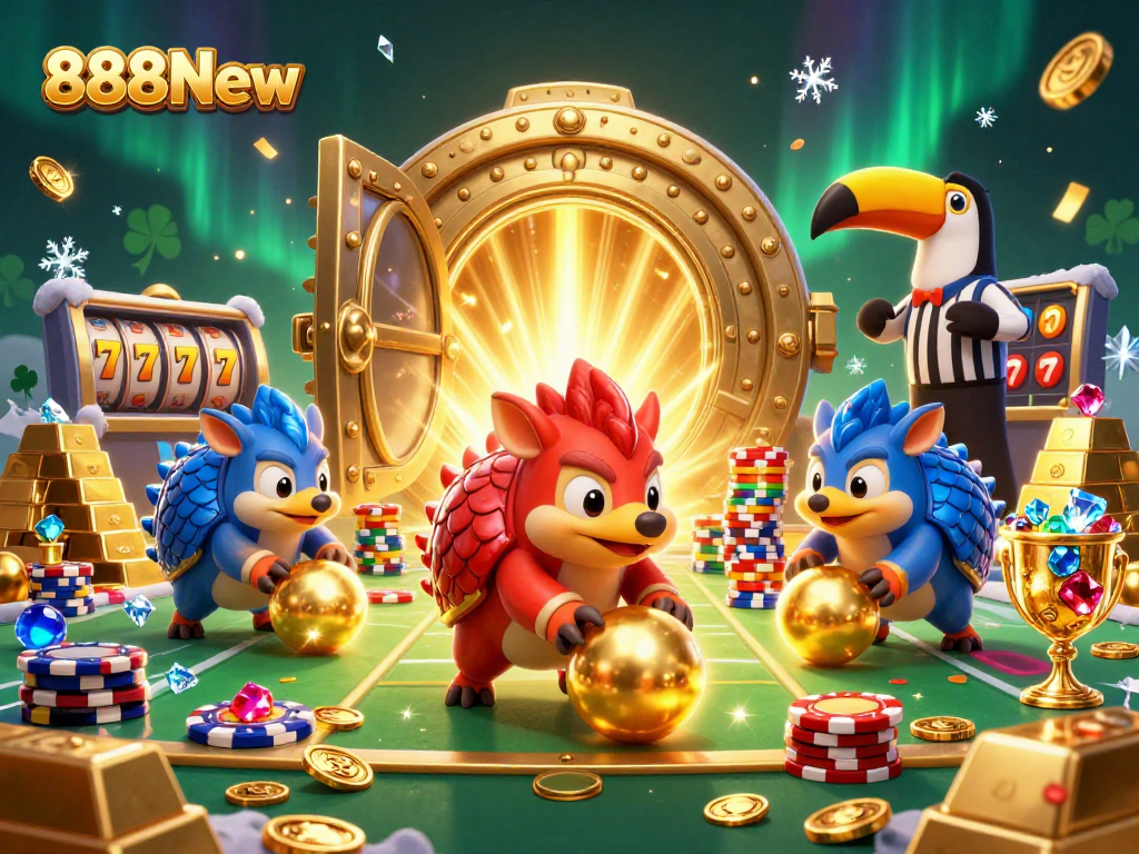 Engage with 888New as rival pangolins bowl through colorful poker chips in a dazzling casino scene.