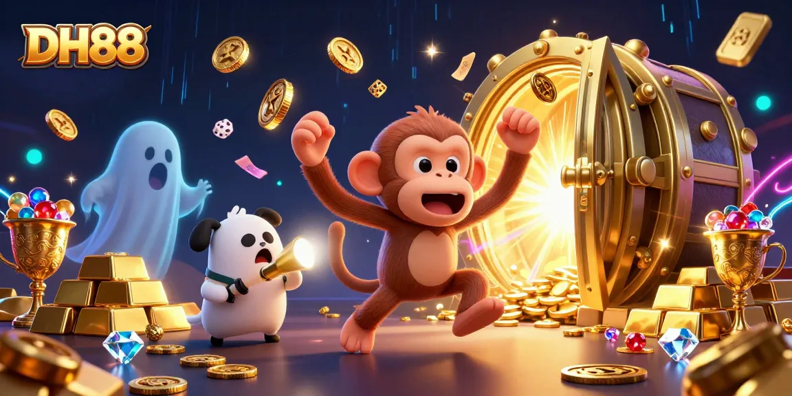 Engage with DH88's thrilling casino environment featuring a playful ghostly monkey and vigilant puppy.