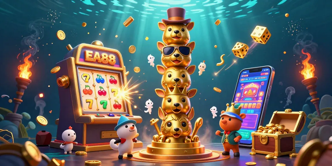 Engage with EA88's dynamic gaming experience featuring a golden totem and slot machine bursting with treasures.
