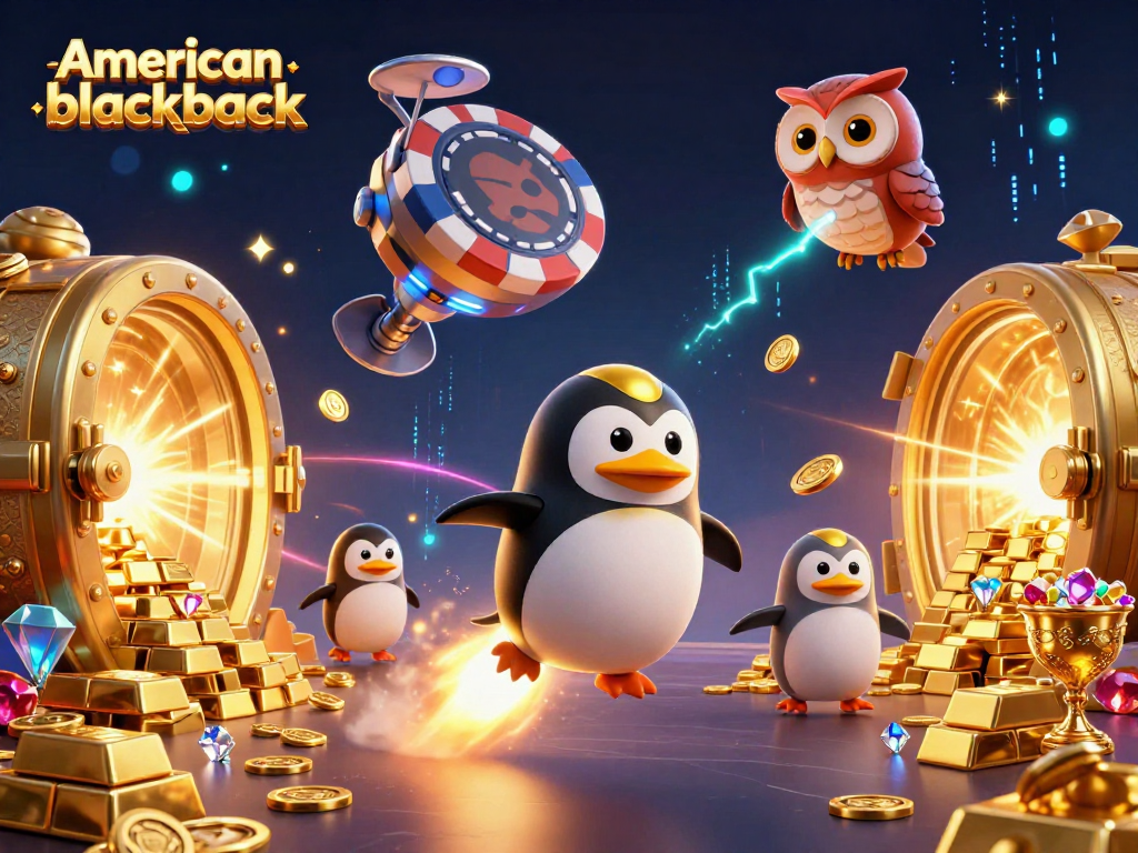 Experience american-blackjack with an exciting 3D scene featuring a golden penguin launching towards a casino station.