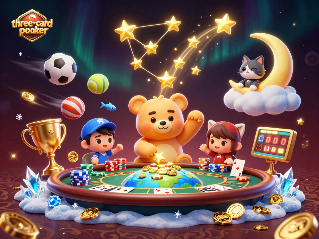 Engage in three-card-poker action with colorful cards and vibrant characters scooping up coins.