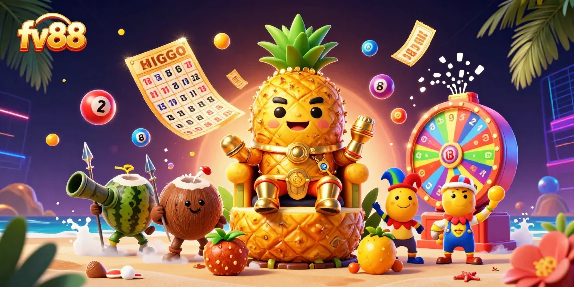 Play and win at FV88 with an exciting scene of a golden pineapple king in a vibrant casino.