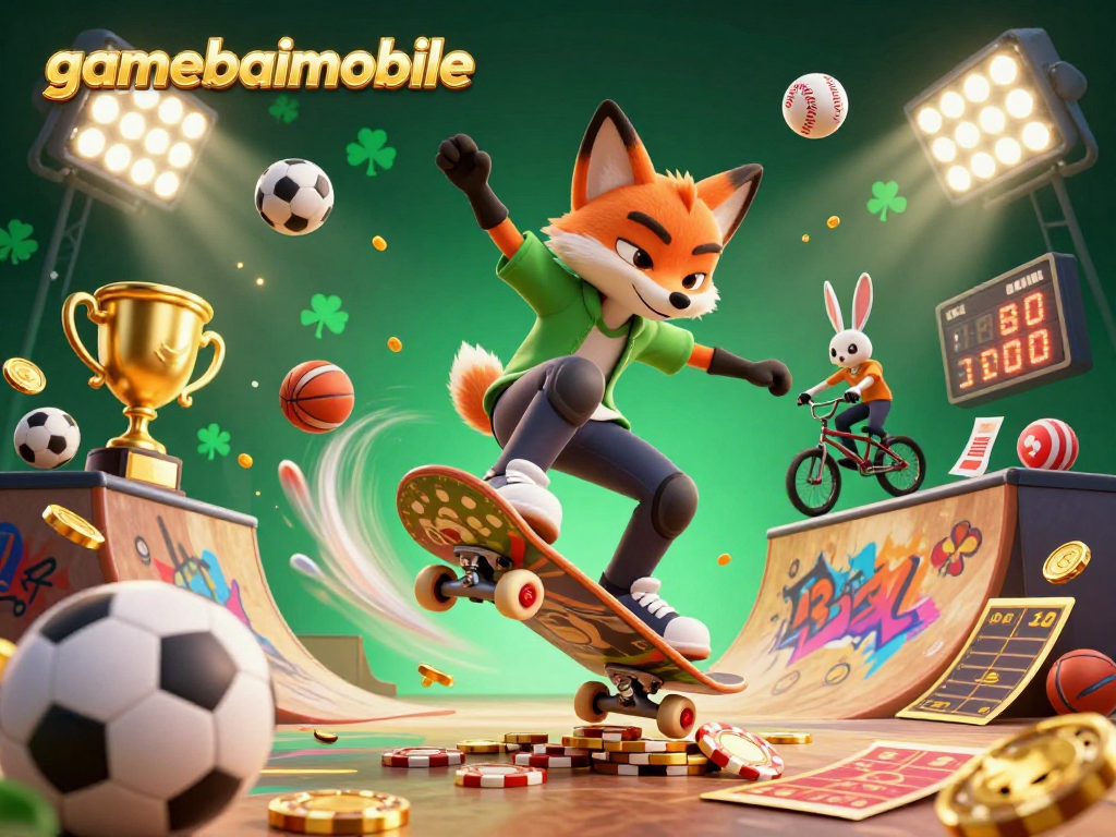 Gamebaimobile showcases a thrilling 3D scene with a skateboarder fox and BMX rabbit amidst dynamic casino-themed elements.