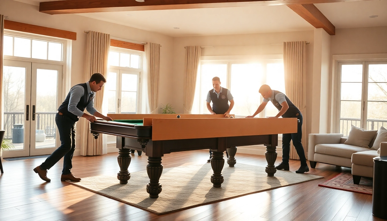 Game table movers services demonstrating careful packaging and setup of a billiard table in a sophisticated living room.