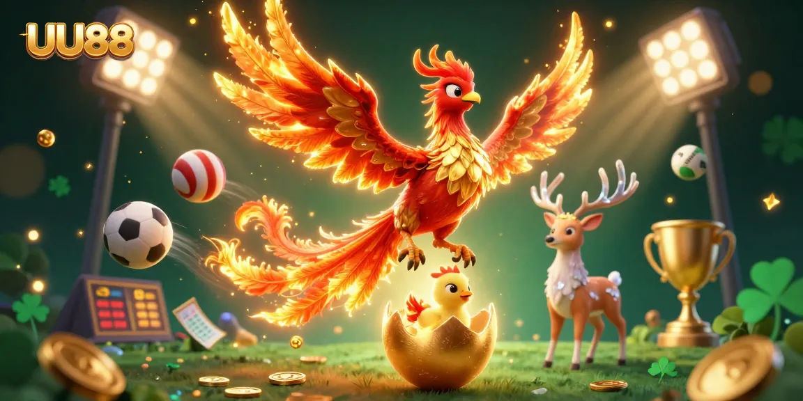 Celebrate wins at UU88 with a vibrant 3D illustration of a phoenix and sports elements!