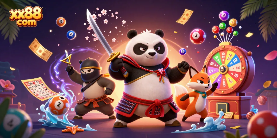 Experience the excitement of xx88 com with a vibrant 3D illustration featuring a samurai panda and casino elements.