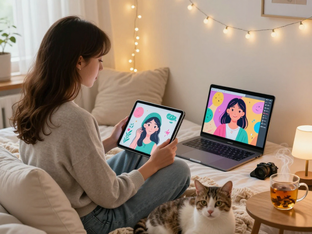 Engaging moment between a young woman and her nsfw ai girlfriend on a tablet, cozy bedroom setting.