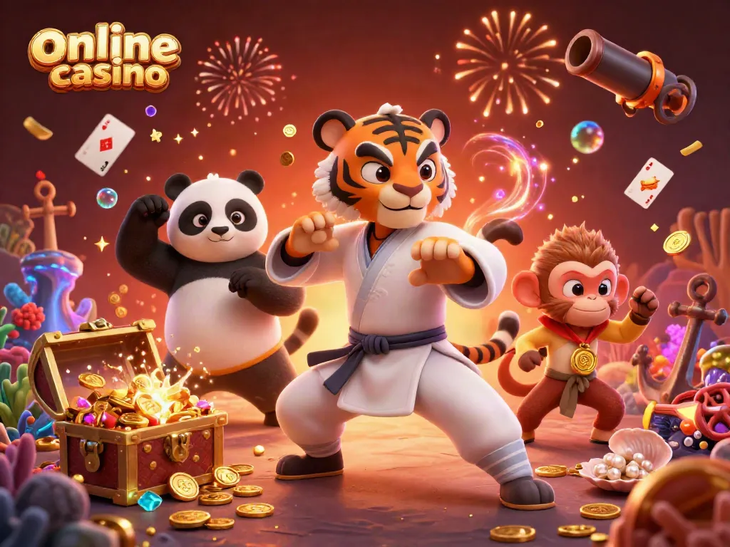 Join the online casino fun with kung fu tiger master, panda disciple, and a mischievous monkey amidst confetti and jewels.