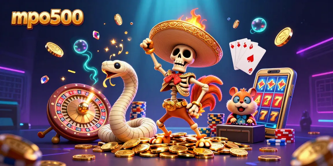 MPO500's vibrant illustration shows action-packed gaming elements like slot machines, poker chips, and more.