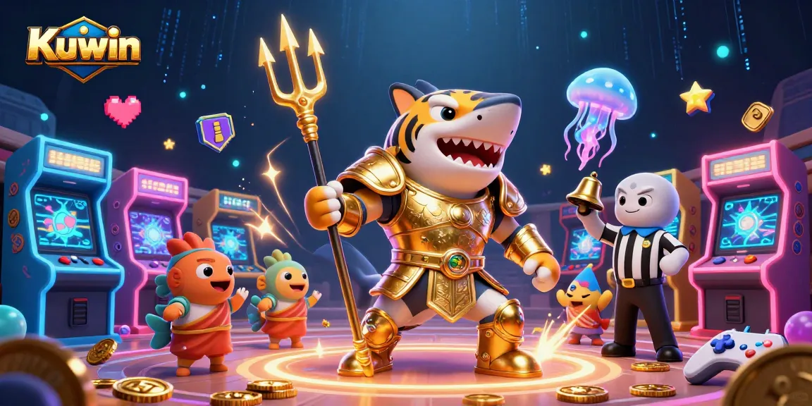 Kuwin showcases a vibrant underwater casino scene featuring a fierce tiger shark, arcade elements, and dynamic game action.